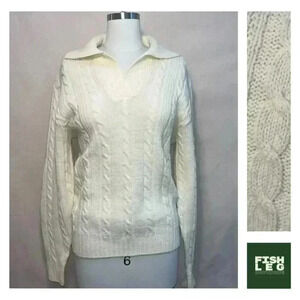 Vintage | Cableknit Collared Pullover Sweater - Cream / Sz M